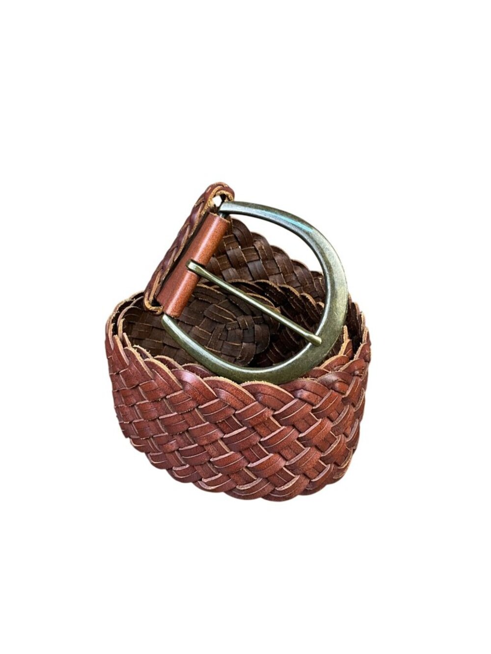 Express Mens Brown Genuine Leather Braided Belt Woven Design Brass Buckle